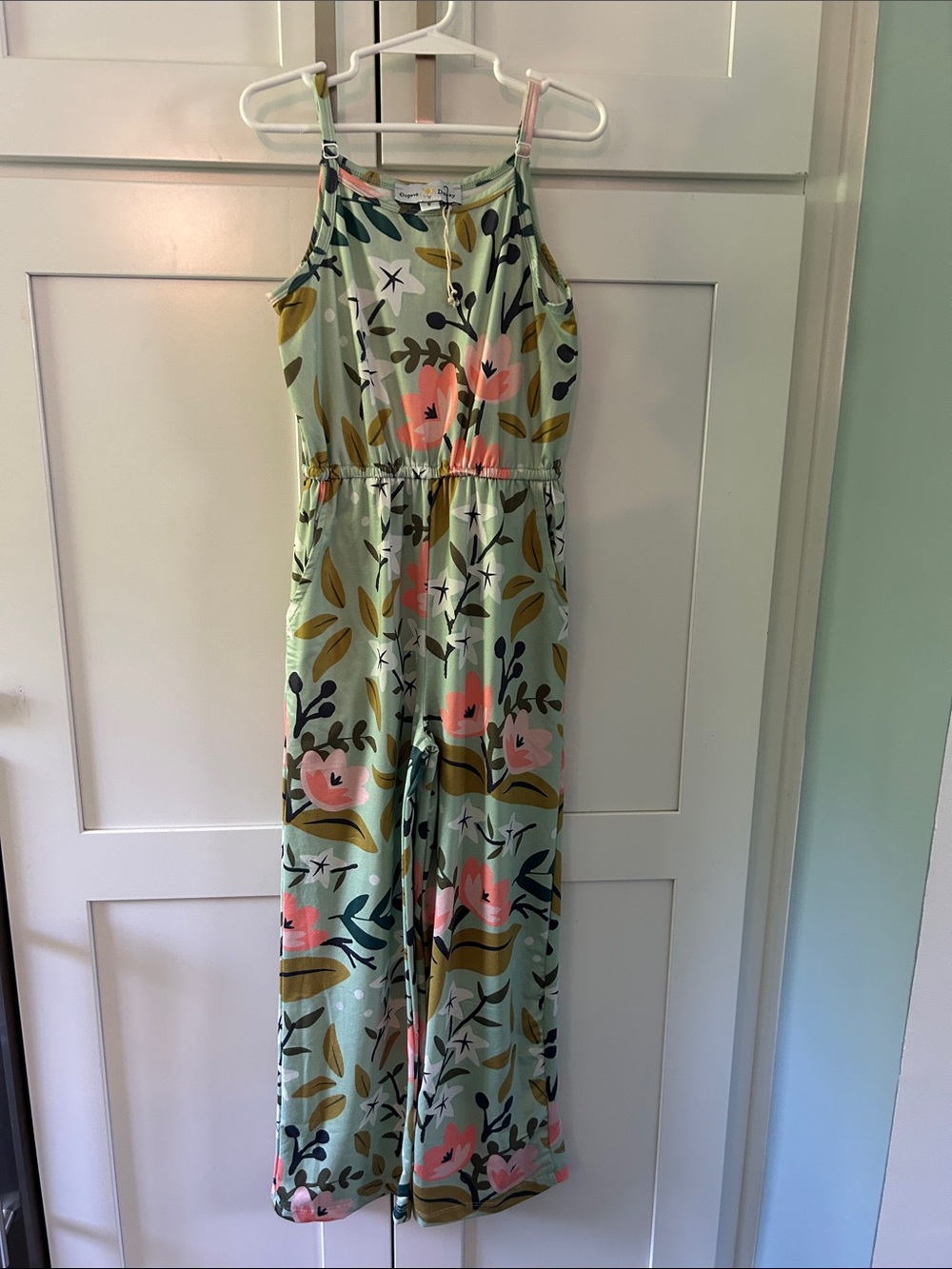 Girls' Floral Print One-Piece Jumpsuit - Mint with Pink Flowers